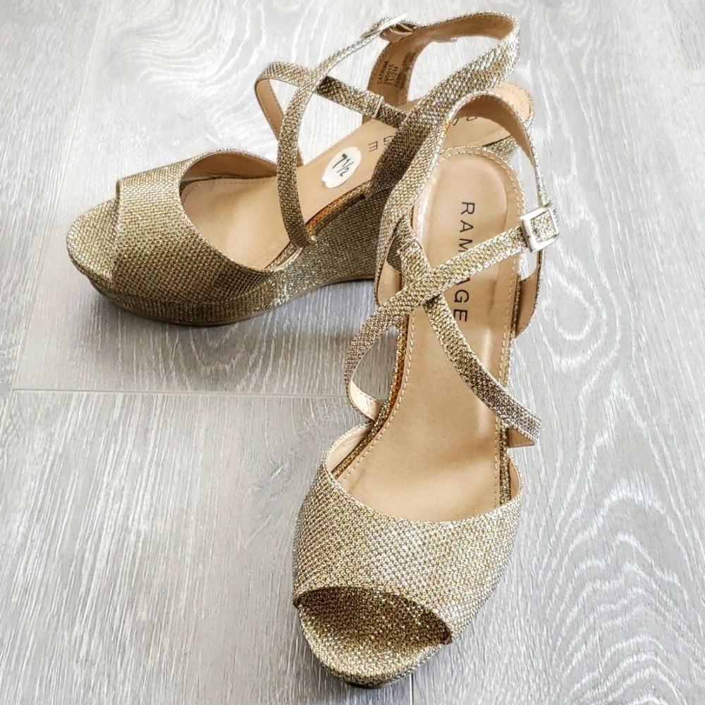Rampage Wedges Gold Sparkle Glitter 7.5 Peep Toe